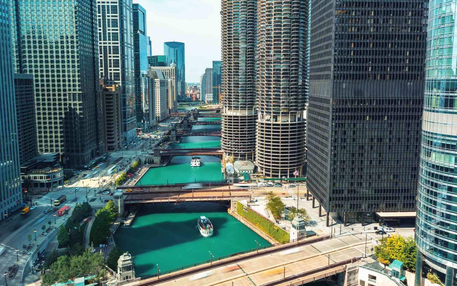 Chicago river and skyscrapers in the background.