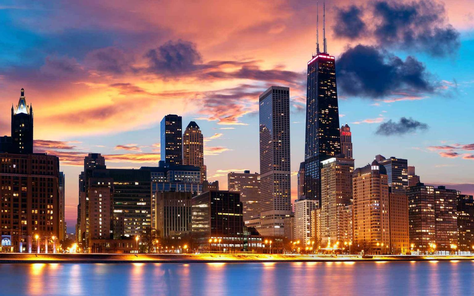 The chicago skyline at dusk.